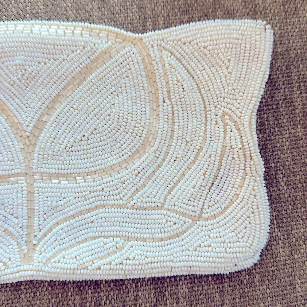 Vintage Beaded Tulip Clutch Purse Handheld Bag Cream Beads Vtg - Picture 4 of 5
